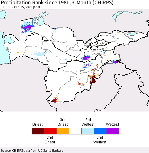 Central Asia Precipitation Rank since 1981, 3-Month (CHIRPS) Thematic Map For 7/16/2023 - 10/15/2023