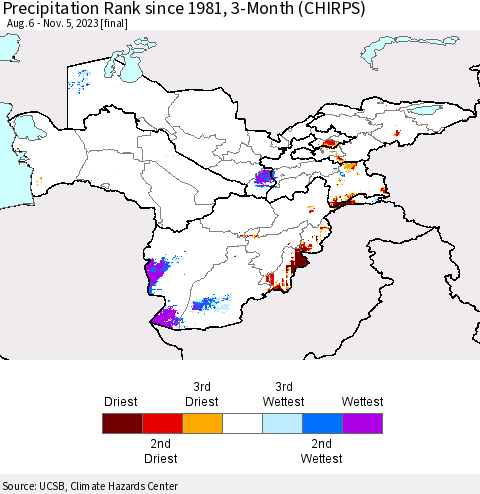 Central Asia Precipitation Rank since 1981, 3-Month (CHIRPS) Thematic Map For 8/6/2023 - 11/5/2023