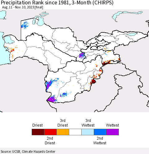 Central Asia Precipitation Rank since 1981, 3-Month (CHIRPS) Thematic Map For 8/11/2023 - 11/10/2023