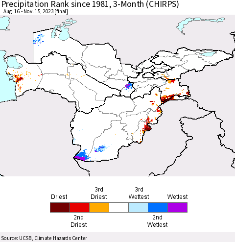 Central Asia Precipitation Rank since 1981, 3-Month (CHIRPS) Thematic Map For 8/16/2023 - 11/15/2023