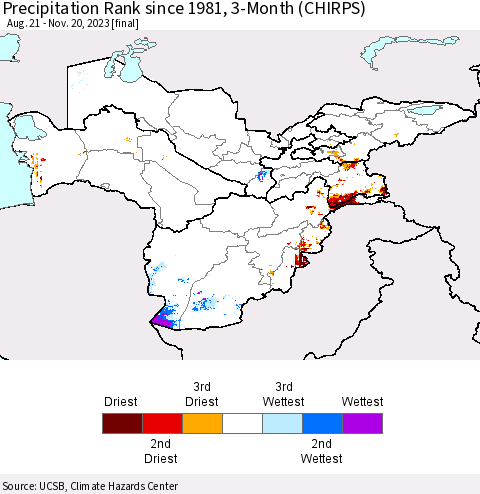 Central Asia Precipitation Rank since 1981, 3-Month (CHIRPS) Thematic Map For 8/21/2023 - 11/20/2023