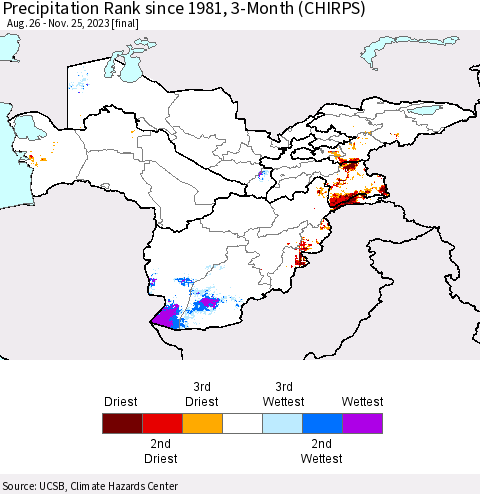 Central Asia Precipitation Rank since 1981, 3-Month (CHIRPS) Thematic Map For 8/26/2023 - 11/25/2023