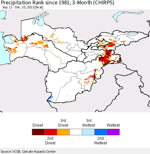Central Asia Precipitation Rank since 1981, 3-Month (CHIRPS) Thematic Map For 9/11/2023 - 12/10/2023