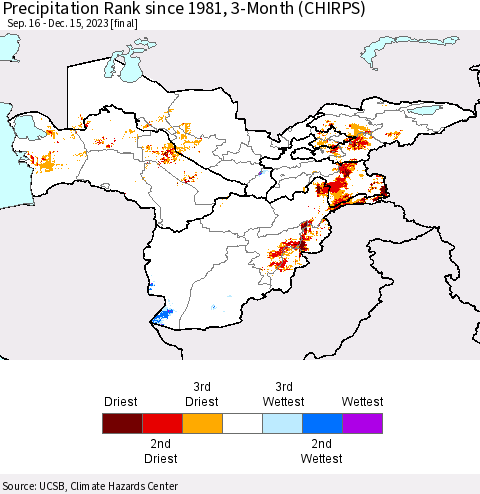 Central Asia Precipitation Rank since 1981, 3-Month (CHIRPS) Thematic Map For 9/16/2023 - 12/15/2023