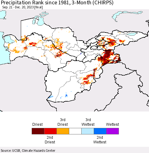 Central Asia Precipitation Rank since 1981, 3-Month (CHIRPS) Thematic Map For 9/21/2023 - 12/20/2023