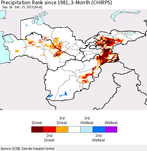 Central Asia Precipitation Rank since 1981, 3-Month (CHIRPS) Thematic Map For 9/26/2023 - 12/25/2023