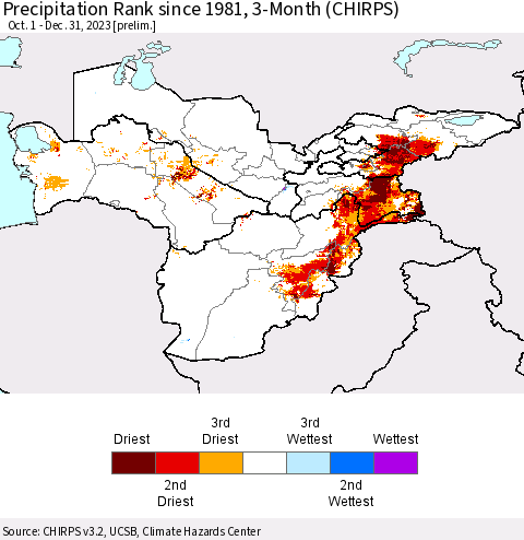 Central Asia Precipitation Rank since 1981, 3-Month (CHIRPS) Thematic Map For 10/1/2023 - 12/31/2023