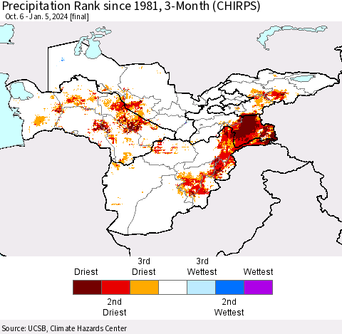 Central Asia Precipitation Rank since 1981, 3-Month (CHIRPS) Thematic Map For 10/6/2023 - 1/5/2024