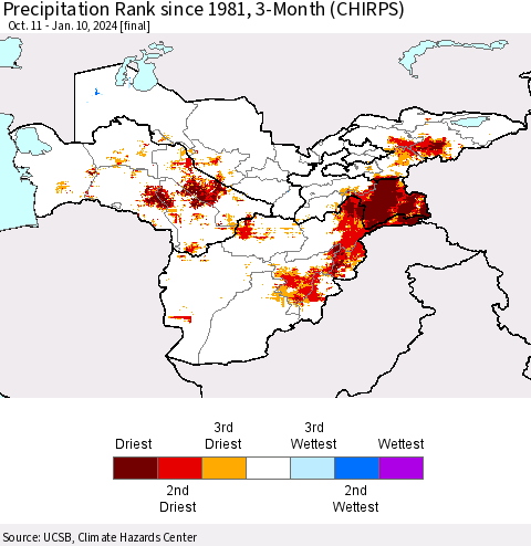 Central Asia Precipitation Rank since 1981, 3-Month (CHIRPS) Thematic Map For 10/11/2023 - 1/10/2024