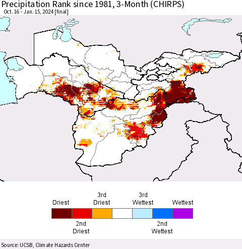 Central Asia Precipitation Rank since 1981, 3-Month (CHIRPS) Thematic Map For 10/16/2023 - 1/15/2024