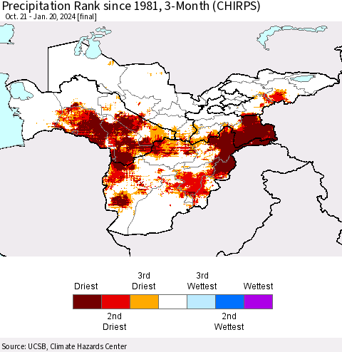 Central Asia Precipitation Rank since 1981, 3-Month (CHIRPS) Thematic Map For 10/21/2023 - 1/20/2024