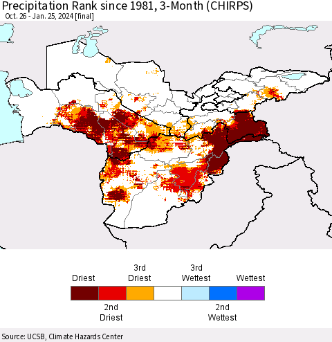 Central Asia Precipitation Rank since 1981, 3-Month (CHIRPS) Thematic Map For 10/26/2023 - 1/25/2024