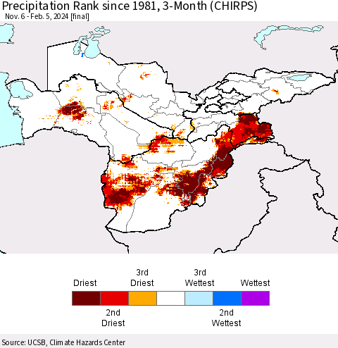 Central Asia Precipitation Rank since 1981, 3-Month (CHIRPS) Thematic Map For 11/6/2023 - 2/5/2024