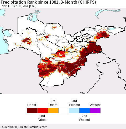 Central Asia Precipitation Rank since 1981, 3-Month (CHIRPS) Thematic Map For 11/11/2023 - 2/10/2024