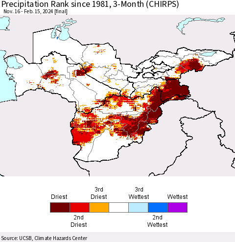 Central Asia Precipitation Rank since 1981, 3-Month (CHIRPS) Thematic Map For 11/16/2023 - 2/15/2024