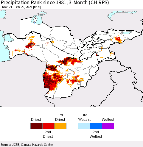 Central Asia Precipitation Rank since 1981, 3-Month (CHIRPS) Thematic Map For 11/21/2023 - 2/20/2024