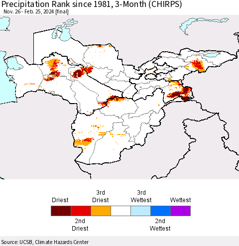 Central Asia Precipitation Rank since 1981, 3-Month (CHIRPS) Thematic Map For 11/26/2023 - 2/25/2024