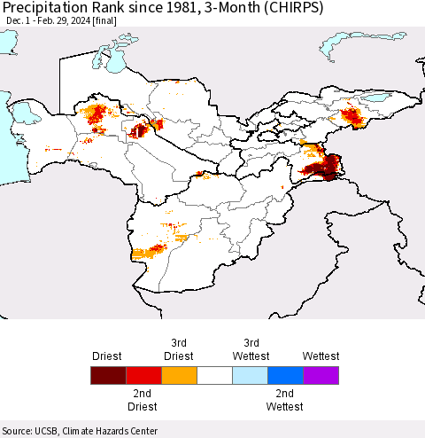 Central Asia Precipitation Rank since 1981, 3-Month (CHIRPS) Thematic Map For 12/1/2023 - 2/29/2024