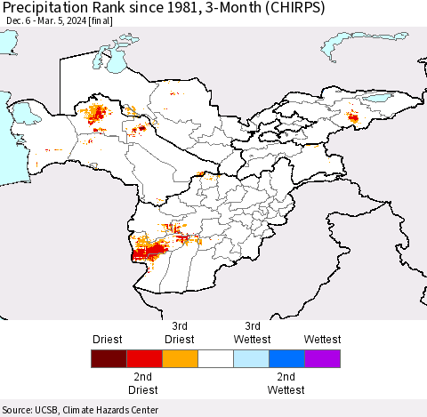 Central Asia Precipitation Rank since 1981, 3-Month (CHIRPS) Thematic Map For 12/6/2023 - 3/5/2024