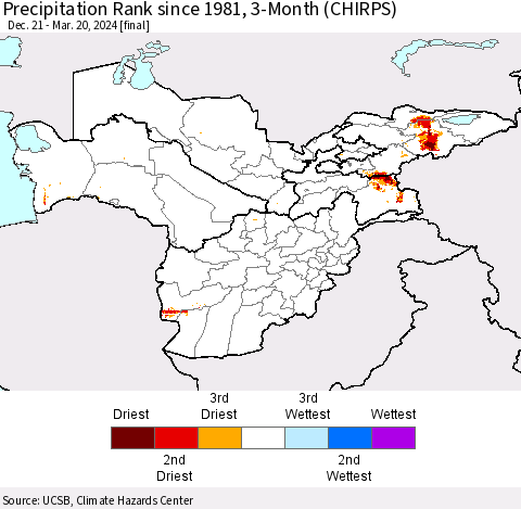 Central Asia Precipitation Rank since 1981, 3-Month (CHIRPS) Thematic Map For 12/21/2023 - 3/20/2024