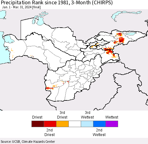 Central Asia Precipitation Rank since 1981, 3-Month (CHIRPS) Thematic Map For 1/1/2024 - 3/31/2024