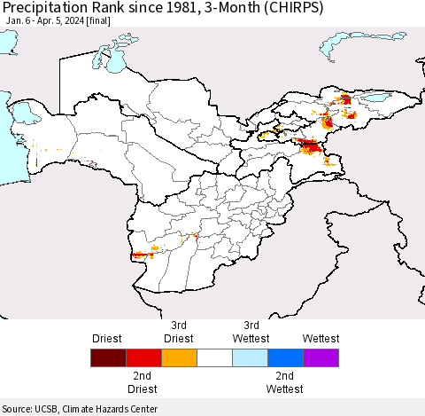 Central Asia Precipitation Rank since 1981, 3-Month (CHIRPS) Thematic Map For 1/6/2024 - 4/5/2024