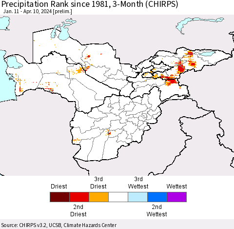 Central Asia Precipitation Rank since 1981, 3-Month (CHIRPS) Thematic Map For 1/11/2024 - 4/10/2024