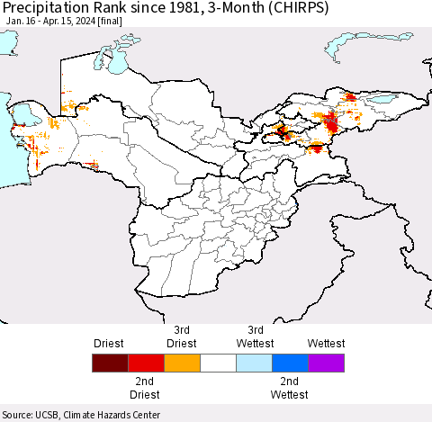 Central Asia Precipitation Rank since 1981, 3-Month (CHIRPS) Thematic Map For 1/16/2024 - 4/15/2024