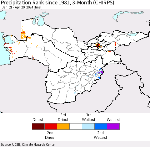 Central Asia Precipitation Rank since 1981, 3-Month (CHIRPS) Thematic Map For 1/21/2024 - 4/20/2024