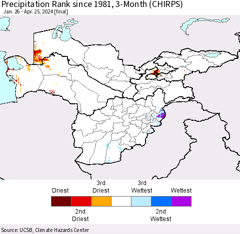Central Asia Precipitation Rank since 1981, 3-Month (CHIRPS) Thematic Map For 1/26/2024 - 4/25/2024