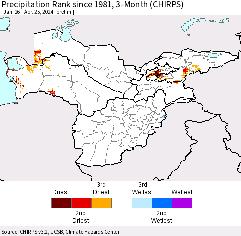 Central Asia Precipitation Rank since 1981, 3-Month (CHIRPS) Thematic Map For 1/26/2024 - 4/25/2024