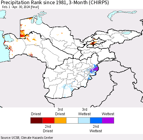 Central Asia Precipitation Rank since 1981, 3-Month (CHIRPS) Thematic Map For 2/1/2024 - 4/30/2024