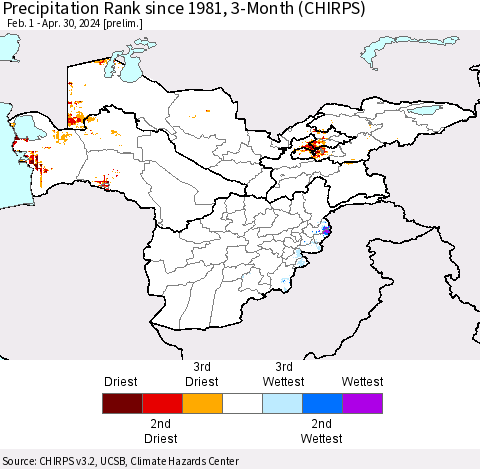 Central Asia Precipitation Rank since 1981, 3-Month (CHIRPS) Thematic Map For 2/1/2024 - 4/30/2024