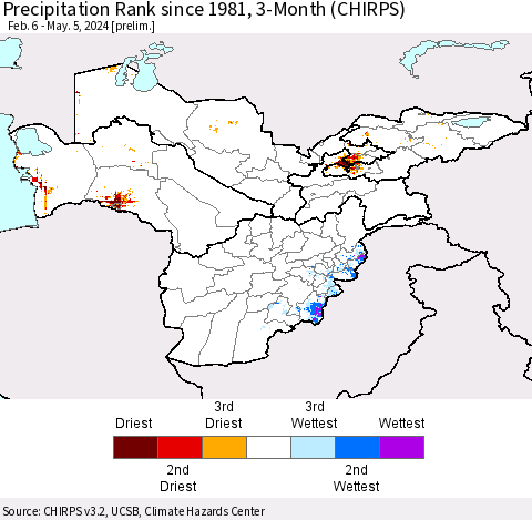 Central Asia Precipitation Rank since 1981, 3-Month (CHIRPS) Thematic Map For 2/6/2024 - 5/5/2024