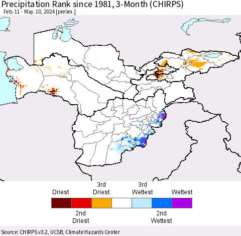 Central Asia Precipitation Rank since 1981, 3-Month (CHIRPS) Thematic Map For 2/11/2024 - 5/10/2024