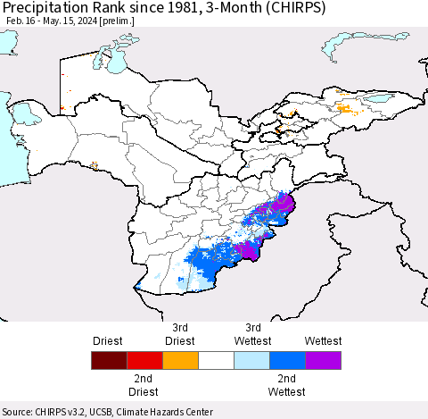 Central Asia Precipitation Rank since 1981, 3-Month (CHIRPS) Thematic Map For 2/16/2024 - 5/15/2024