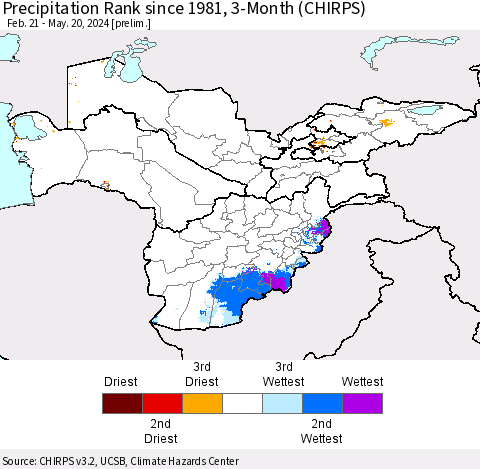 Central Asia Precipitation Rank since 1981, 3-Month (CHIRPS) Thematic Map For 2/21/2024 - 5/20/2024