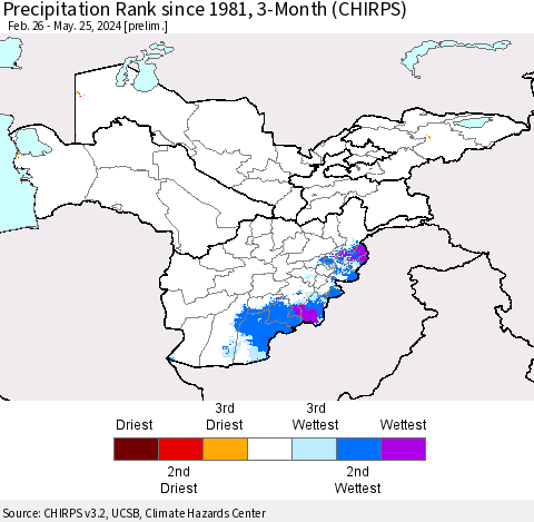 Central Asia Precipitation Rank since 1981, 3-Month (CHIRPS) Thematic Map For 2/26/2024 - 5/25/2024