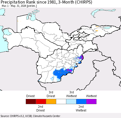 Central Asia Precipitation Rank since 1981, 3-Month (CHIRPS) Thematic Map For 3/1/2024 - 5/31/2024