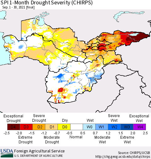 Central Asia SPI 1-Month Drought Severity (CHIRPS) Thematic Map For 9/1/2021 - 9/30/2021