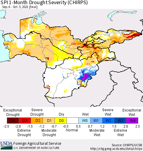 Central Asia SPI 1-Month Drought Severity (CHIRPS) Thematic Map For 9/6/2021 - 10/5/2021
