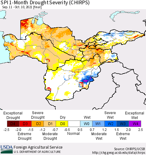 Central Asia SPI 1-Month Drought Severity (CHIRPS) Thematic Map For 9/11/2021 - 10/10/2021