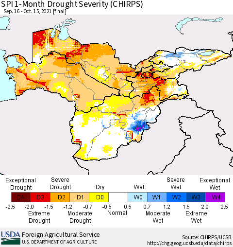 Central Asia SPI 1-Month Drought Severity (CHIRPS) Thematic Map For 9/16/2021 - 10/15/2021