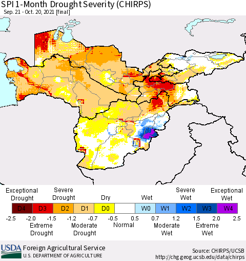 Central Asia SPI 1-Month Drought Severity (CHIRPS) Thematic Map For 9/21/2021 - 10/20/2021