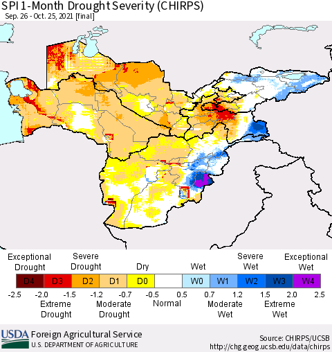 Central Asia SPI 1-Month Drought Severity (CHIRPS) Thematic Map For 9/26/2021 - 10/25/2021