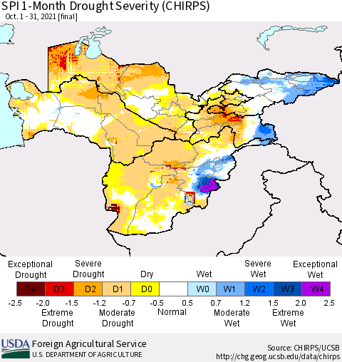 Central Asia SPI 1-Month Drought Severity (CHIRPS) Thematic Map For 10/1/2021 - 10/31/2021