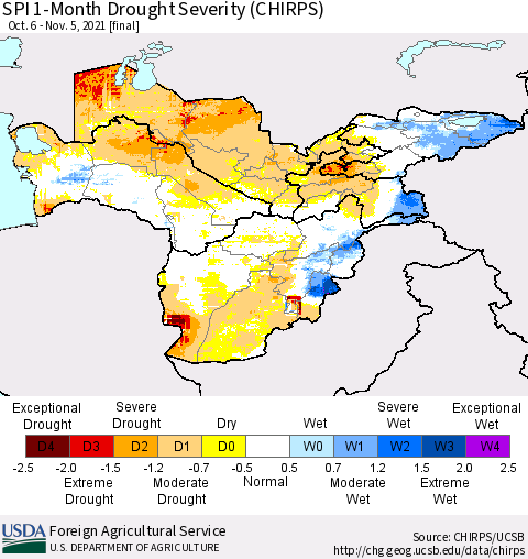 Central Asia SPI 1-Month Drought Severity (CHIRPS) Thematic Map For 10/6/2021 - 11/5/2021