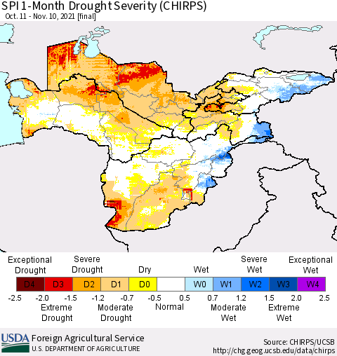 Central Asia SPI 1-Month Drought Severity (CHIRPS) Thematic Map For 10/11/2021 - 11/10/2021