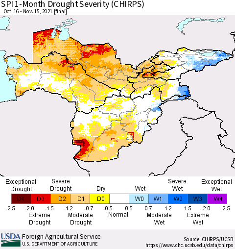 Central Asia SPI 1-Month Drought Severity (CHIRPS) Thematic Map For 10/16/2021 - 11/15/2021