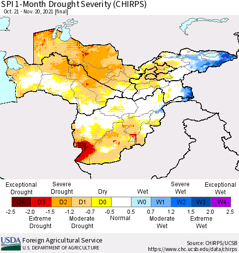 Central Asia SPI 1-Month Drought Severity (CHIRPS) Thematic Map For 10/21/2021 - 11/20/2021